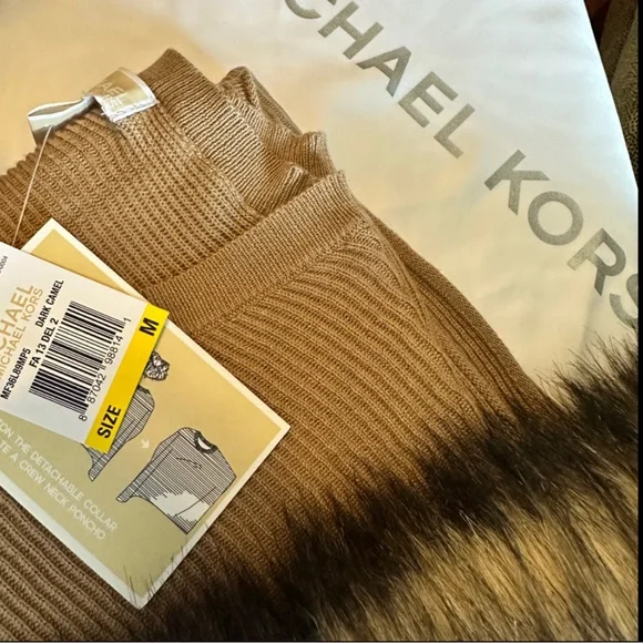 Michael Kors❤️ Sweater Poncho w/Faux Fur Collar~Sz~Med~Dark Carmel Color NWT - Picture 6 of 8